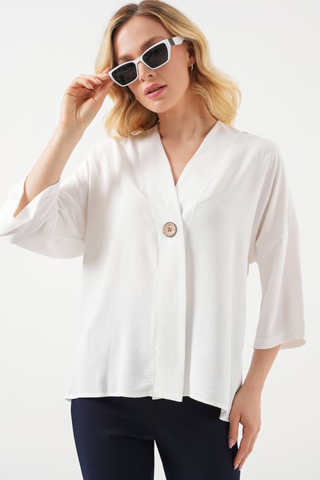 V-hals Kimono met Driekwart Mouwen en Knopen - Image 1