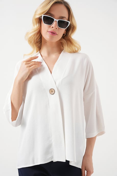V-hals Kimono met Driekwart Mouwen en Knopen - Image 4