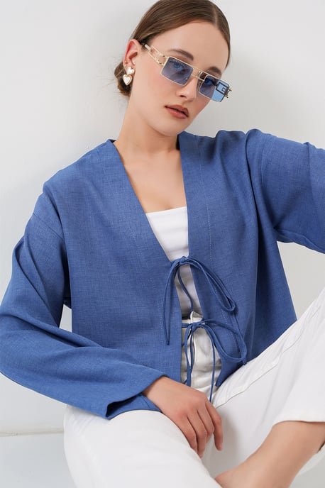 Viskosemix V-hals Lange Mouw Kimono met Afwerkingsdetail - Image 3