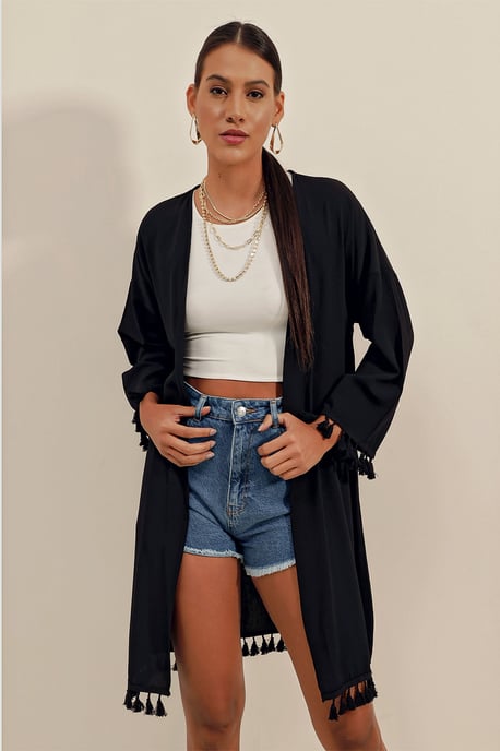 Midi Strand Kimono met Pompom Detail - Image 1