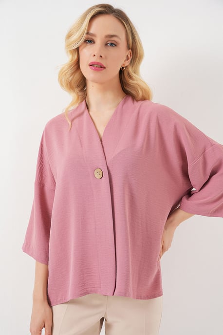 V-hals Driekwartmouw Kimono met Knop - Image 3