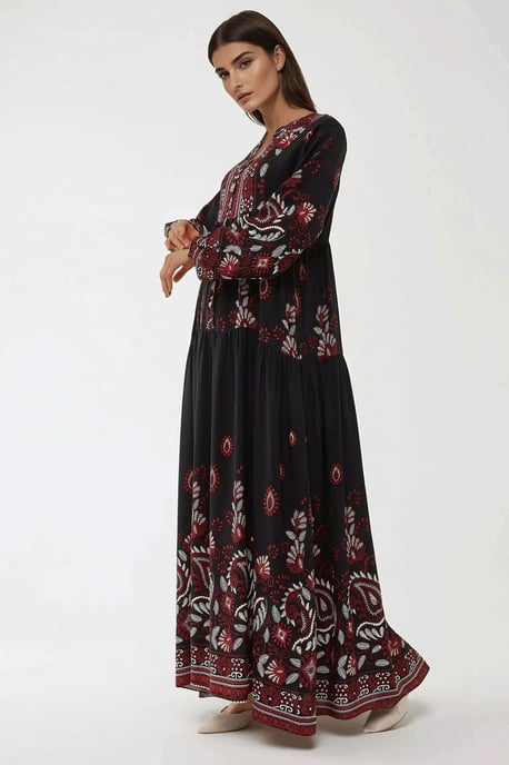 Gedrukte Lange Mouw Viscose Maxi Jurk - Image 3