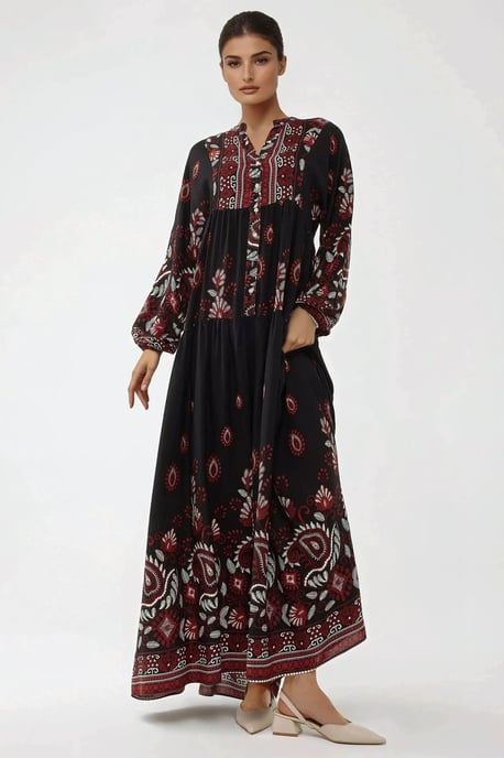 Gedrukte Lange Mouw Viscose Maxi Jurk - Image 5