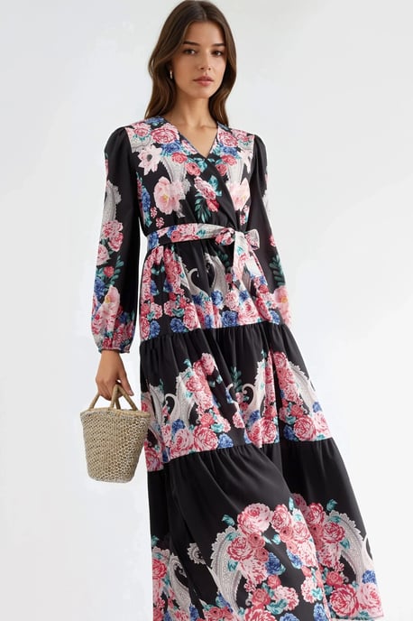 Bloemen V-hals Maxi Jurk met Strik Detail - Image 3