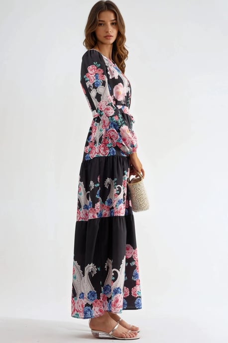 Bloemen V-hals Maxi Jurk met Strik Detail - Image 4