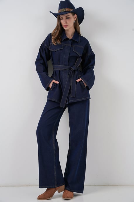 Denimset met zakdetailjasje en rechte broek - Image 3