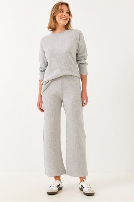 Geribbelde Textuur Crew Neck Trui en Broek Set - Image 1
