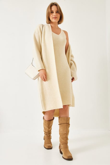 Gestructureerde Brei V-Hals Cardigan-Jurk Twee-Delige Set - Image 2