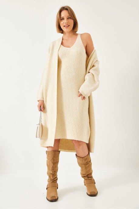 Gestructureerde Brei V-Hals Cardigan-Jurk Twee-Delige Set - Image 3