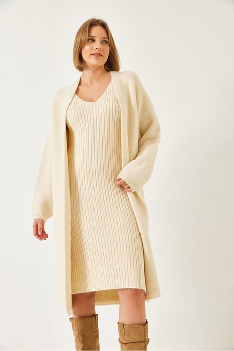 Gestructureerde Brei V-Hals Cardigan-Jurk Twee-Delige Set - Image 4