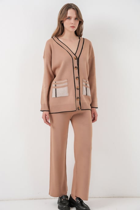 Pocket Gedetailleerde V-hals Cardigan en Wijde Broek Set - Image 1