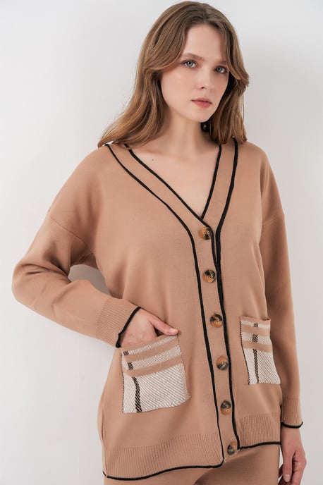 Pocket Gedetailleerde V-hals Cardigan en Wijde Broek Set - Image 3