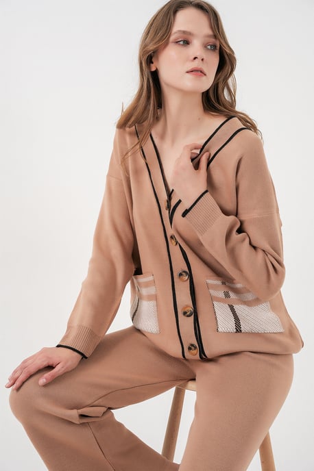 Pocket Gedetailleerde V-hals Cardigan en Wijde Broek Set - Image 4