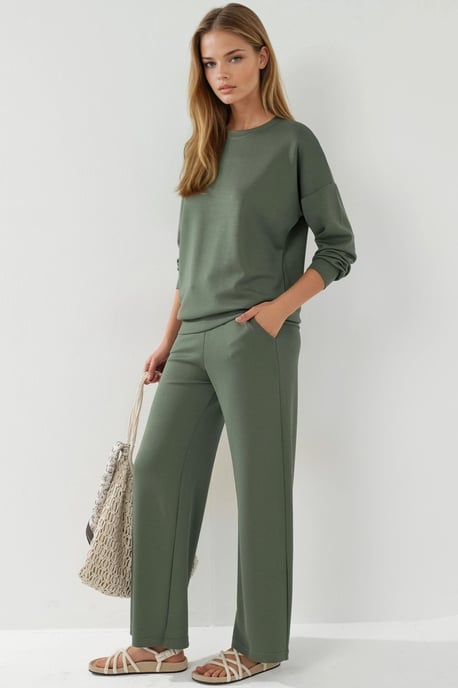 Modal Touch Ronde Hals Sweatshirt & Wijde Pantalon Twee-Stuks Set - Image 3