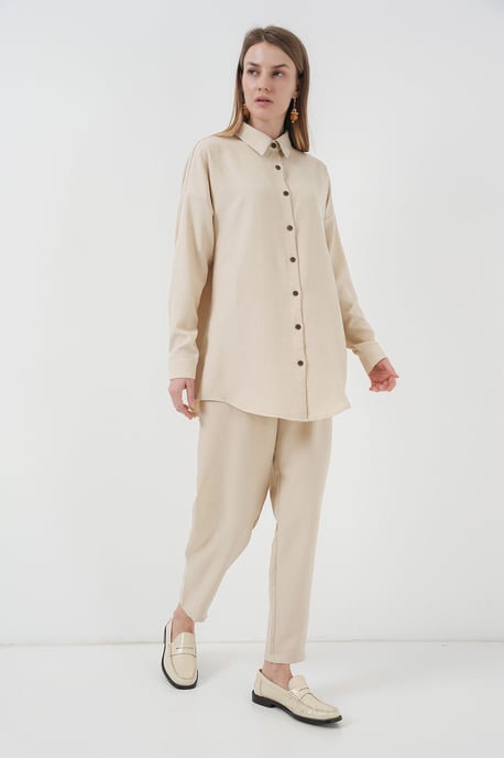 Linnenmix Lange Mouwen Shirt en Broek Co-ord Set - Image 1