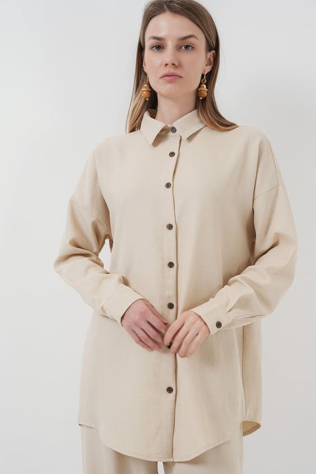 Linnenmix Lange Mouwen Shirt en Broek Co-ord Set - Image 2
