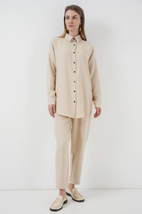 Linnenmix Lange Mouwen Shirt en Broek Co-ord Set - Image 3