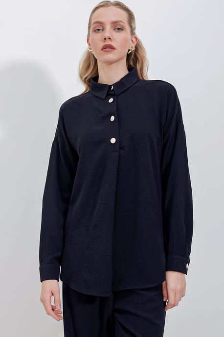 Gestructureerde Lange Mouwen Overhemd en Brede Pantalon Set - Image 1