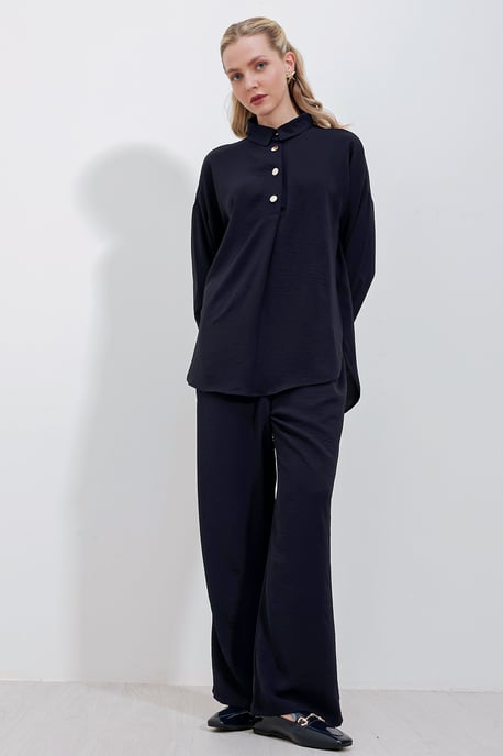 Gestructureerde Lange Mouwen Overhemd en Brede Pantalon Set - Image 2