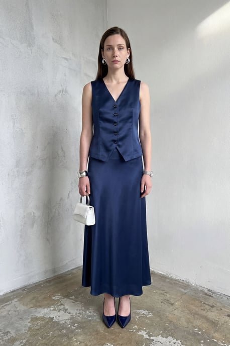 V-hals Vest & Maxi Rok Satijnen Twee-Delig Set - Image 1