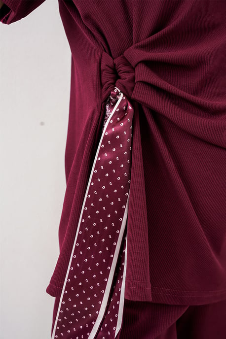 Crew Neck Met Strikdetail Geribbelde Set met Wijd Uitlopende Broek - Image 5