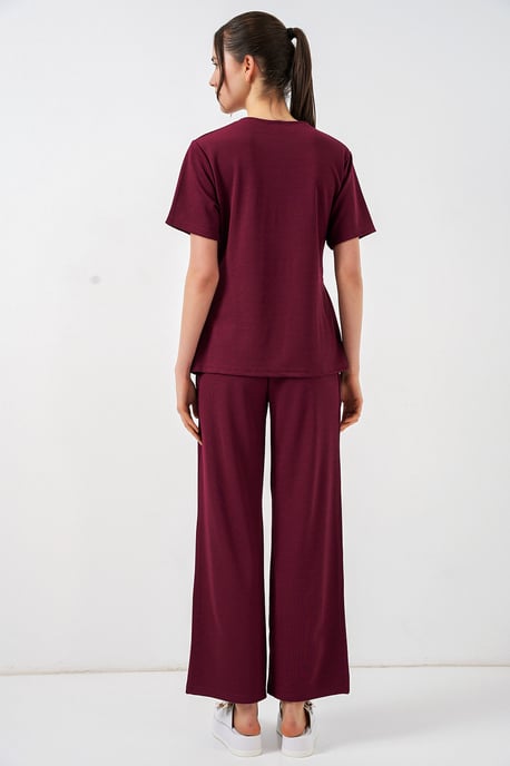 Crew Neck Met Strikdetail Geribbelde Set met Wijd Uitlopende Broek - Image 6