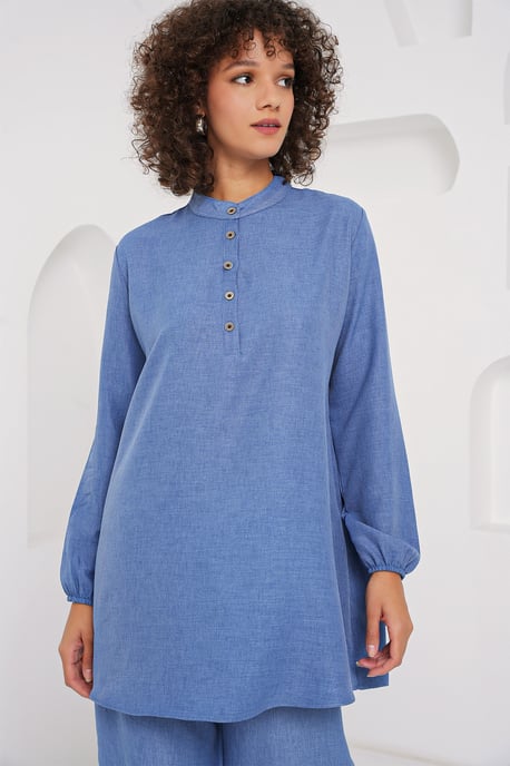 Gestructureerde Linnenmix Langsleevetunika en Wijde Pantalon Set - Image 2
