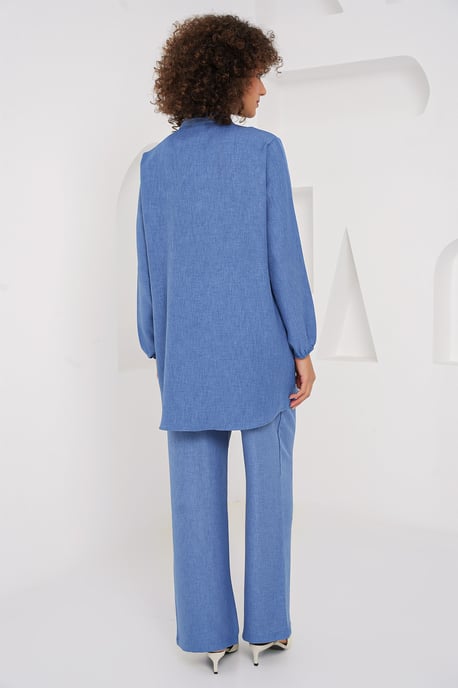 Gestructureerde Linnenmix Langsleevetunika en Wijde Pantalon Set - Image 6