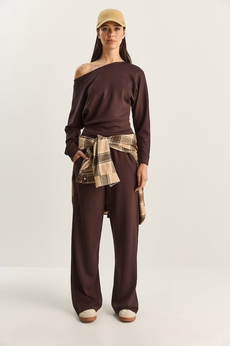 Asymmetrische Kraag Gebreide Hoge Taille Twee-delige Set - Image 5
