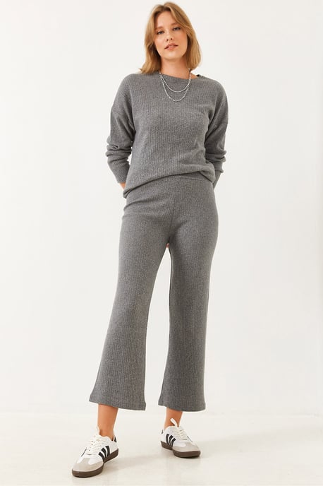 Geribbelde Textuur Crew Neck Trui en Broek Set - Image 2