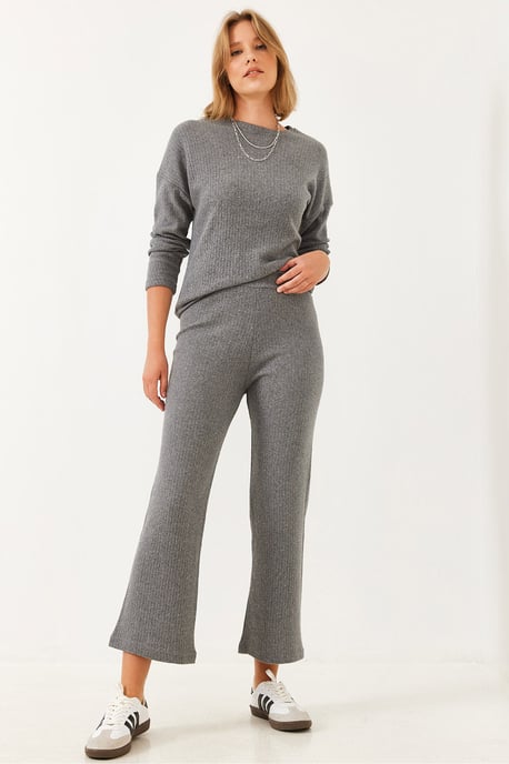 Geribbelde Textuur Crew Neck Trui en Broek Set - Image 3