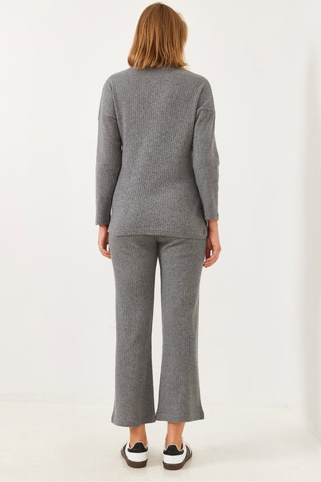 Geribbelde Textuur Crew Neck Trui en Broek Set - Image 5