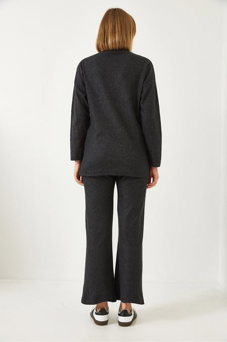 Geribbelde Textuur Crew Neck Trui en Broek Set - Image 3