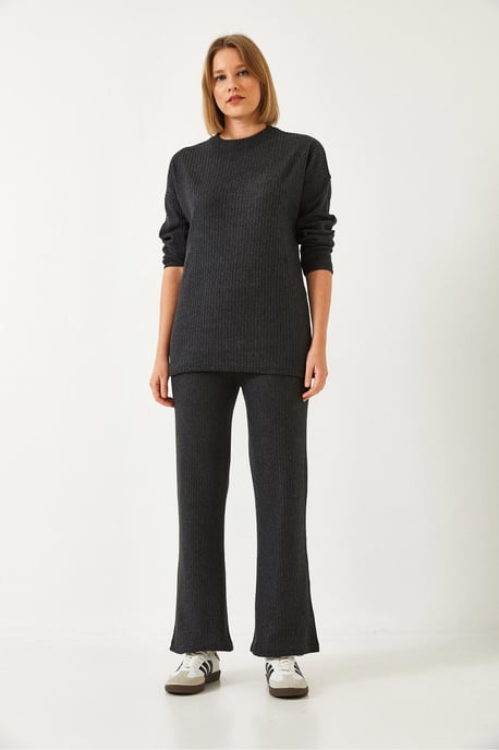Geribbelde Textuur Crew Neck Trui en Broek Set - Image 4