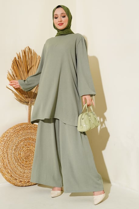Getextureerde Langemouwen Tuniek en Wijdpantalon Set - Image 1