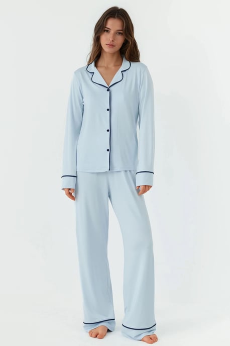 Ontspannen Pasvorm Lange Mouwen Extra Zachte Pyjama Set met Kraag - Image 1