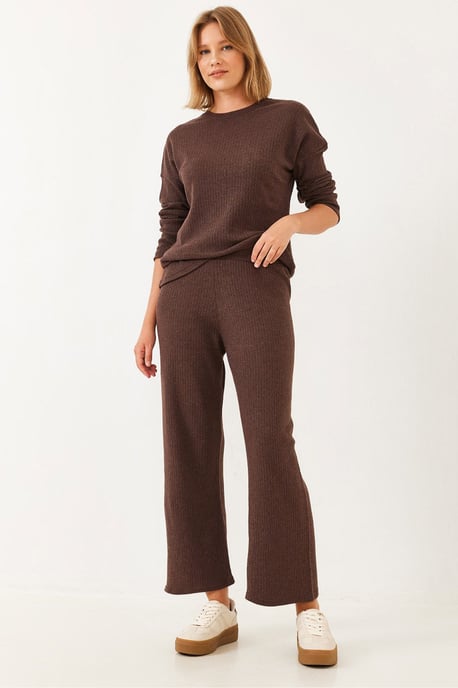 Geribbelde Textuur Crewneck Trui en Broek Set - Image 1