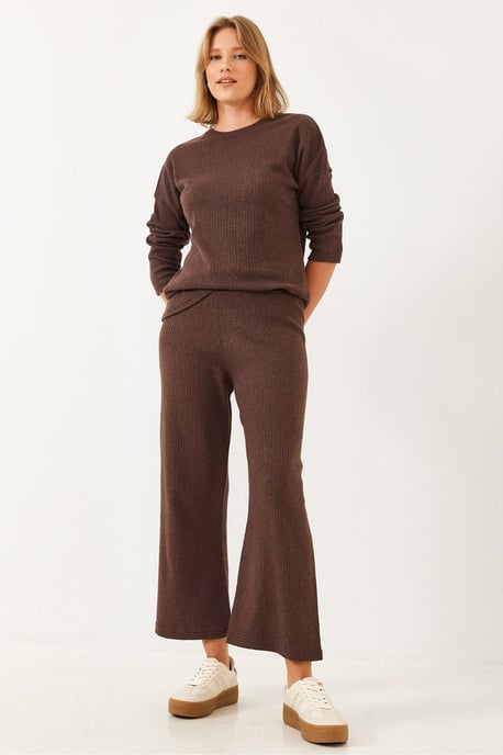 Geribbelde Textuur Crewneck Trui en Broek Set - Image 3