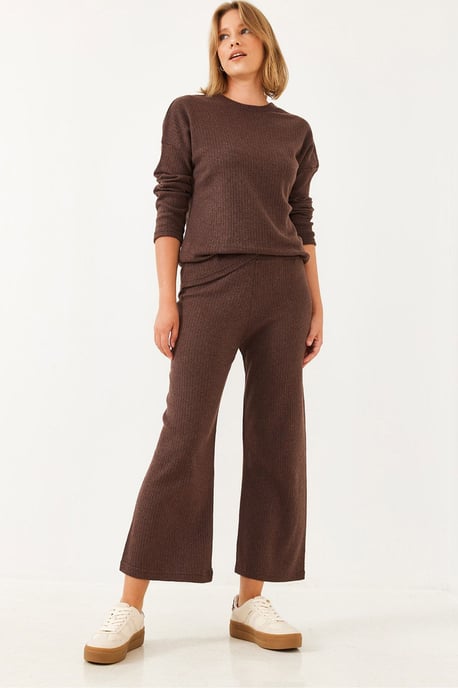 Geribbelde Textuur Crewneck Trui en Broek Set - Image 4