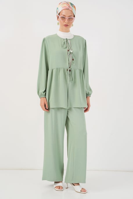 Ronde Hals Lange Tuniek en Wijde Pantalon Set - Image 1