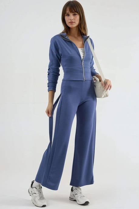 Modal Touch High Waist Brede Pijp Tweedelig Set met Rits Kraag - Image 1
