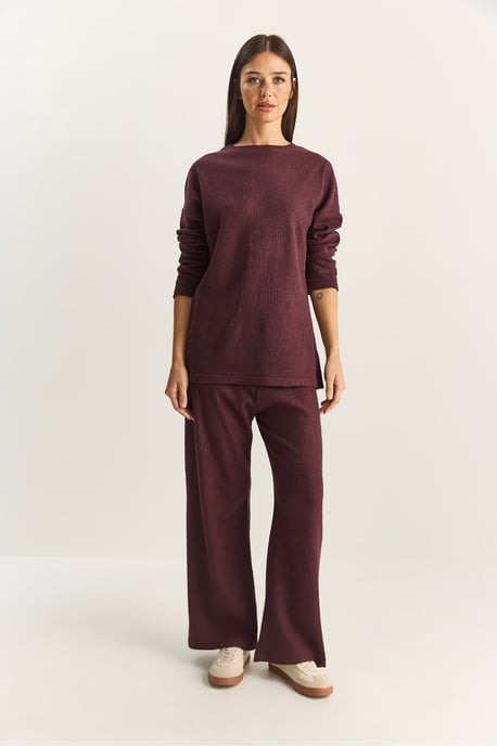 Geribbelde Textuur Crewneck Trui en Broek Set - Image 4
