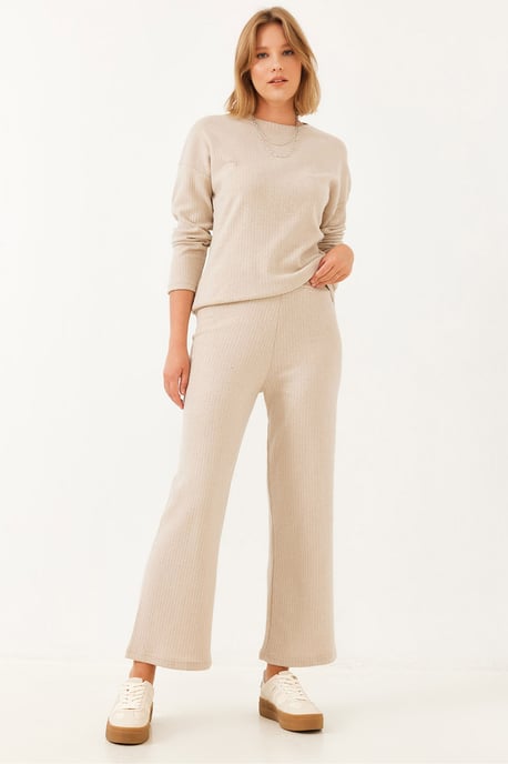 Geribbelde Textuur Crew Neck Trui en Broek Set - Image 1
