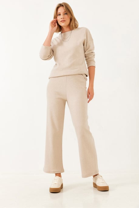 Geribbelde Textuur Crew Neck Trui en Broek Set - Image 2
