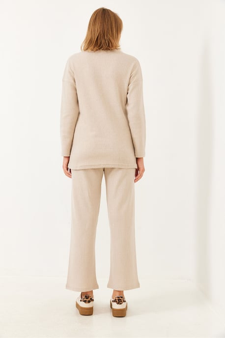Geribbelde Textuur Crew Neck Trui en Broek Set - Image 4