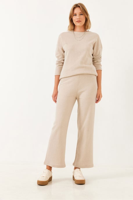 Geribbelde Textuur Crew Neck Trui en Broek Set - Image 5