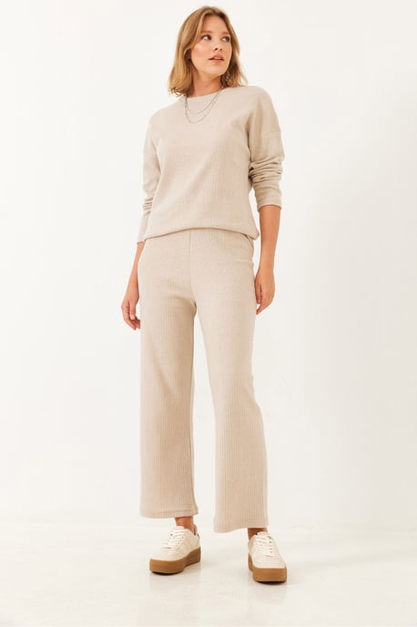 Geribbelde Textuur Crew Neck Trui en Broek Set - Image 6