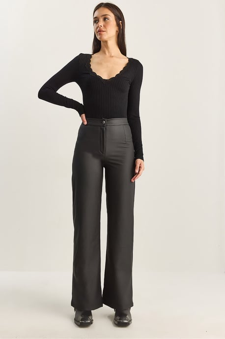 Hoge Taille Wijde Pijpen Nepleer Broek - Image 1