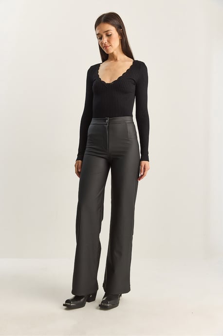 Hoge Taille Wijde Pijpen Nepleer Broek - Image 3
