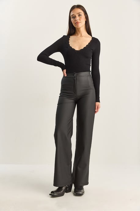 Hoge Taille Wijde Pijpen Nepleer Broek - Image 5